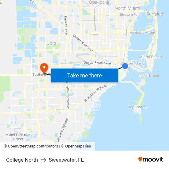 College North to Sweetwater, FL map