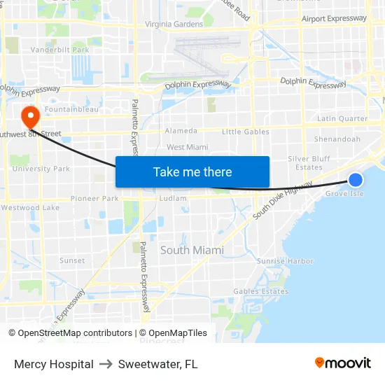 Mercy Hospital to Sweetwater, FL map