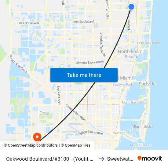 Oakwood Boulevard/#3100 - (Youfit Health Club) to Sweetwater, FL map
