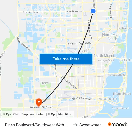 Pines Boulevard/Southwest 64th Way to Sweetwater, FL map