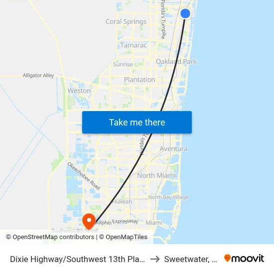 Dixie Highway/Southwest 13th Place to Sweetwater, FL map