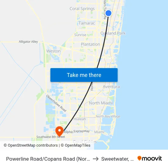 Powerline Road/Copans Road (North) to Sweetwater, FL map