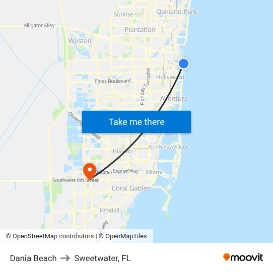 Dania Beach to Sweetwater, FL map