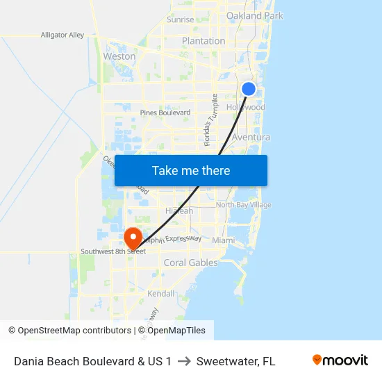 Dania Beach Boulevard & US 1 to Sweetwater, FL map