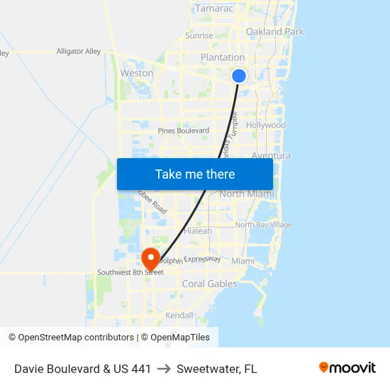 Davie Boulevard & US 441 to Sweetwater, FL map