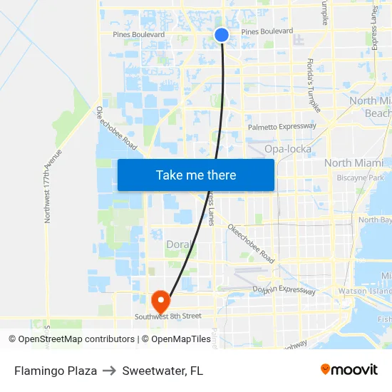 Flamingo Plaza to Sweetwater, FL map