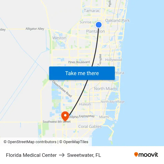 Florida Medical Center to Sweetwater, FL map