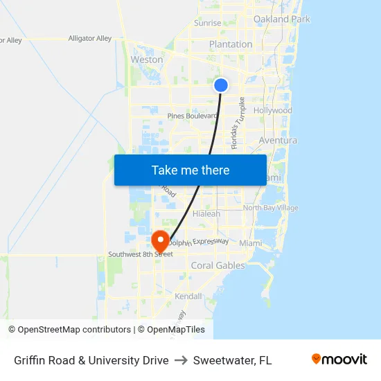 Griffin Road & University Drive to Sweetwater, FL map