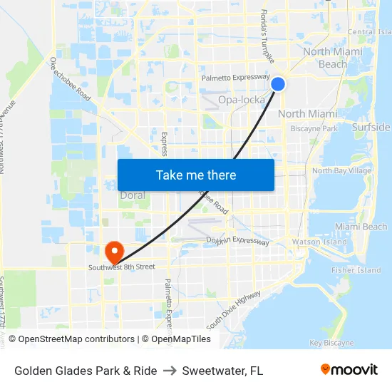 Golden Glades Park & Ride to Sweetwater, FL map
