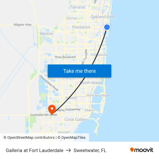 Galleria at Fort Lauderdale to Sweetwater, FL map