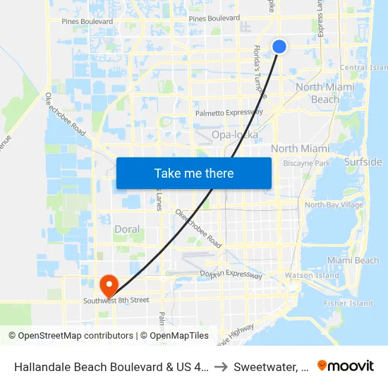 Hallandale Beach Boulevard & US 441 to Sweetwater, FL map