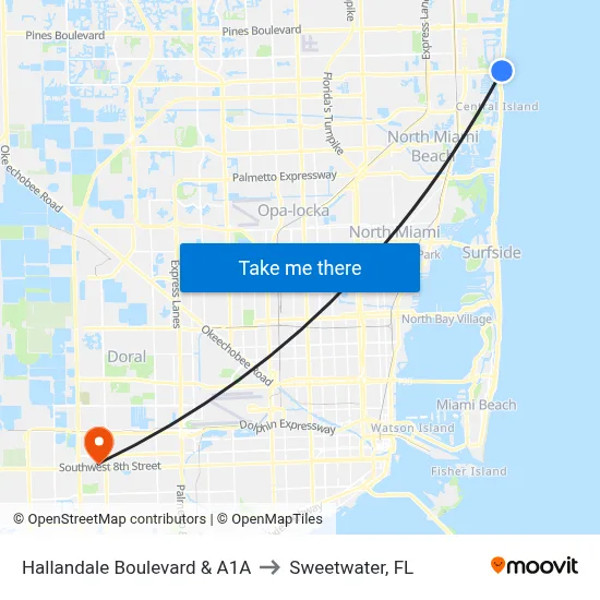 Hallandale Boulevard & A1A to Sweetwater, FL map