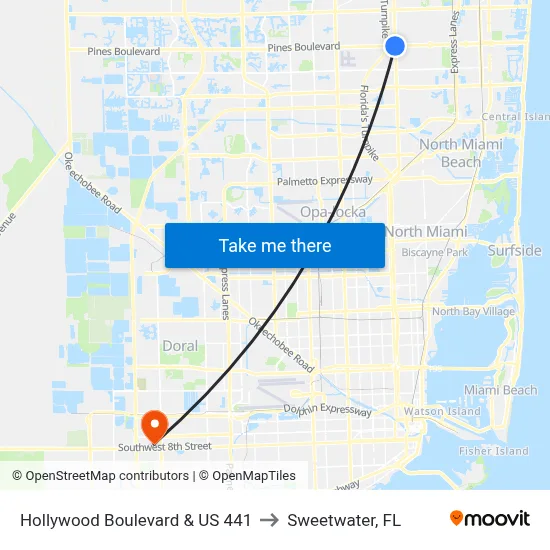 Hollywood Boulevard & US 441 to Sweetwater, FL map