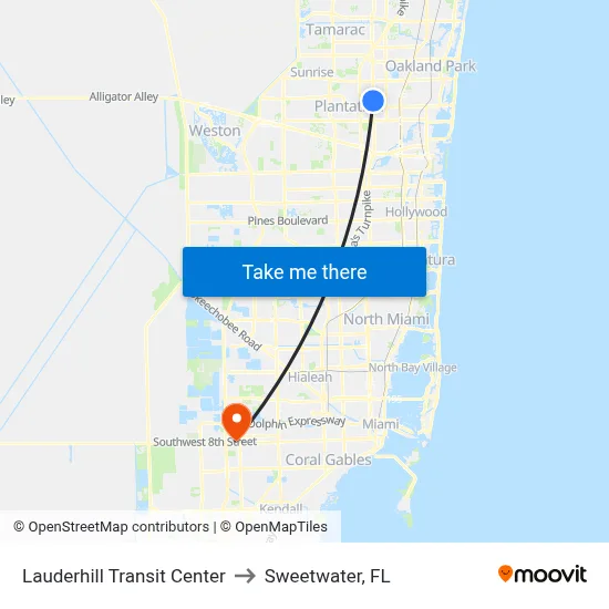 Lauderhill Transit Center to Sweetwater, FL map