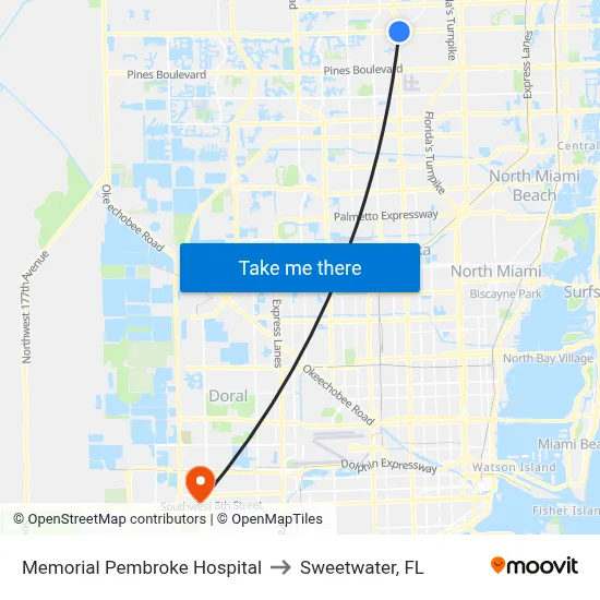 Memorial Pembroke Hospital to Sweetwater, FL map