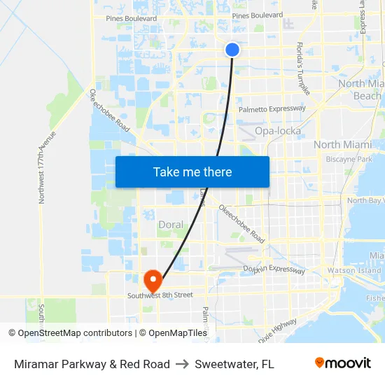 Miramar Parkway & Red Road to Sweetwater, FL map