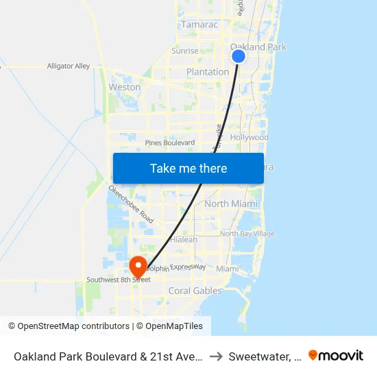 Oakland Park Boulevard & 21st Avenue to Sweetwater, FL map