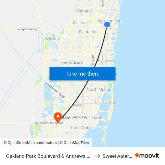 Oakland Park Boulevard & Andrews Avenue to Sweetwater, FL map