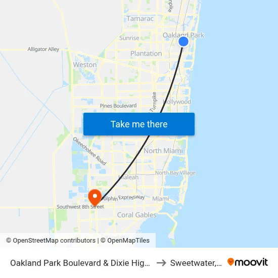 Oakland Park Boulevard & Dixie Highway to Sweetwater, FL map