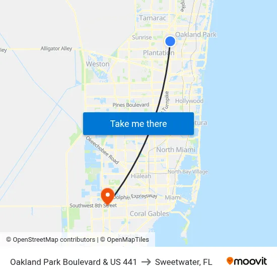 Oakland Park Boulevard & US 441 to Sweetwater, FL map