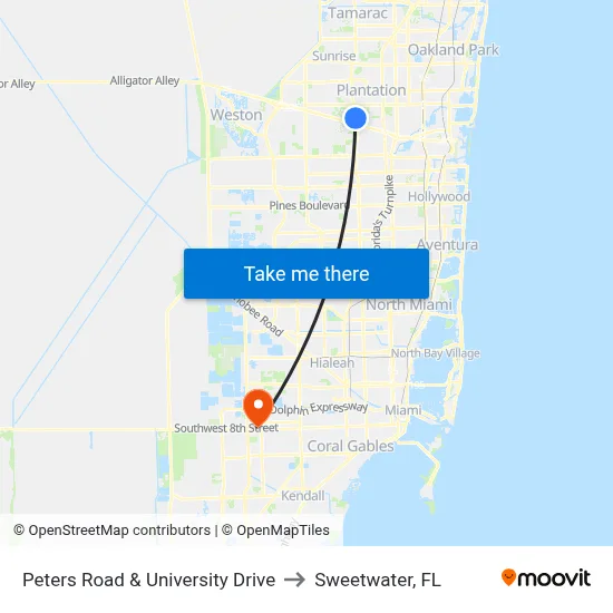 Peters Road & University Drive to Sweetwater, FL map