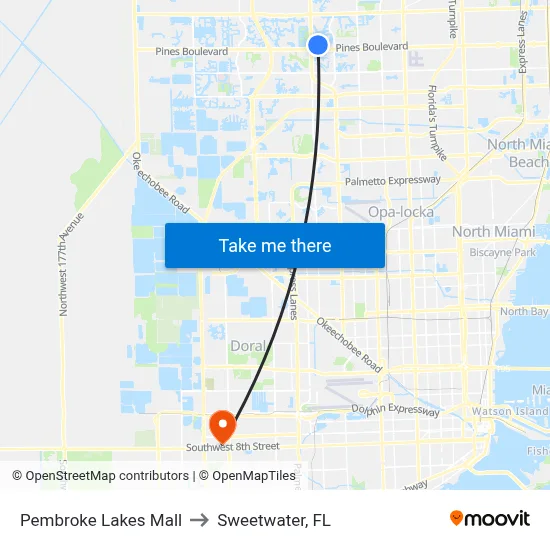 Pembroke Lakes Mall to Sweetwater, FL map
