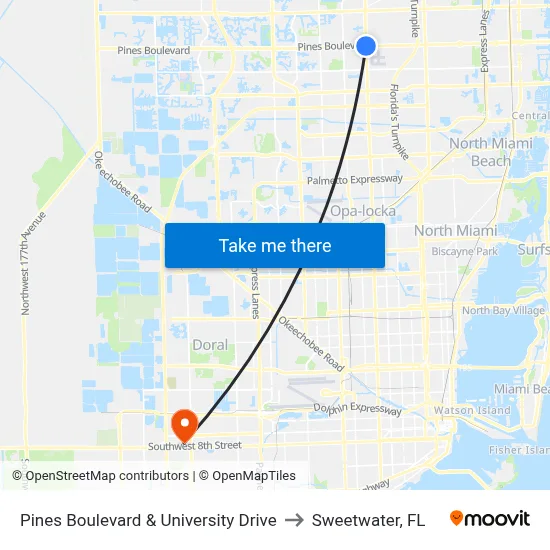 Pines Boulevard & University Drive to Sweetwater, FL map