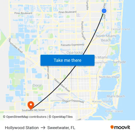 Hollywood Station to Sweetwater, FL map