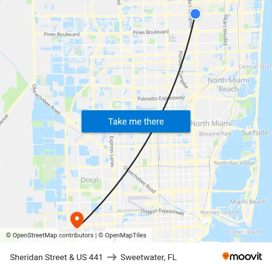 Sheridan Street & US 441 to Sweetwater, FL map