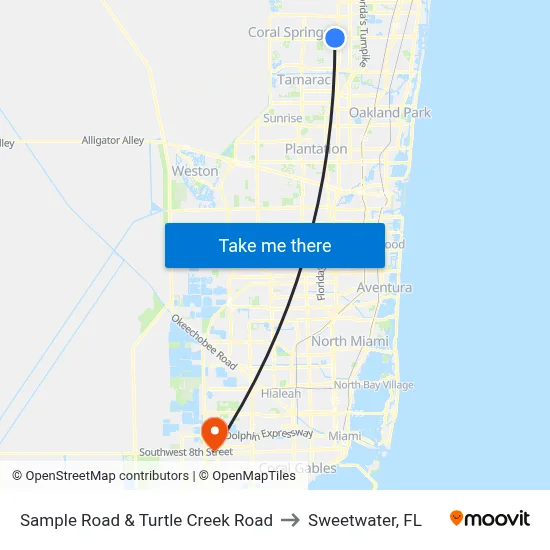 Sample Road & Turtle Creek Road to Sweetwater, FL map