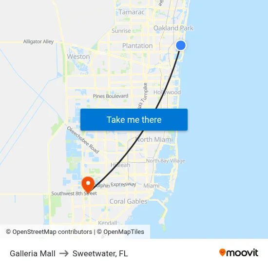 Galleria Mall to Sweetwater, FL map
