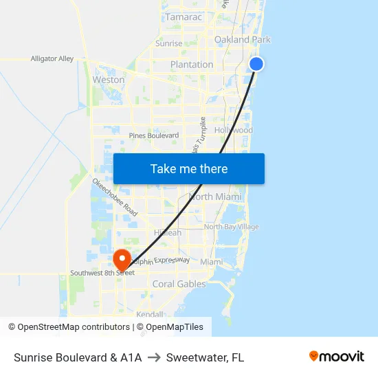 Sunrise Boulevard & A1A to Sweetwater, FL map