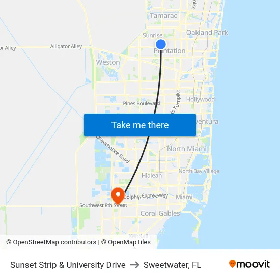 Sunset Strip & University Drive to Sweetwater, FL map