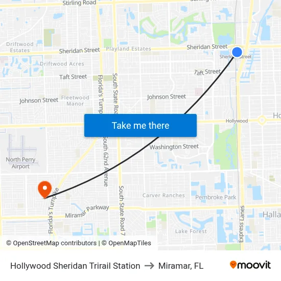 Hollywood Sheridan Trirail Station to Miramar, FL map