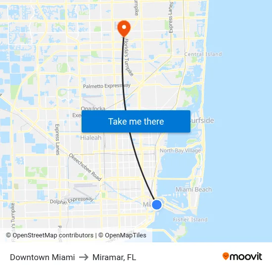 Downtown Miami to Miramar, FL map