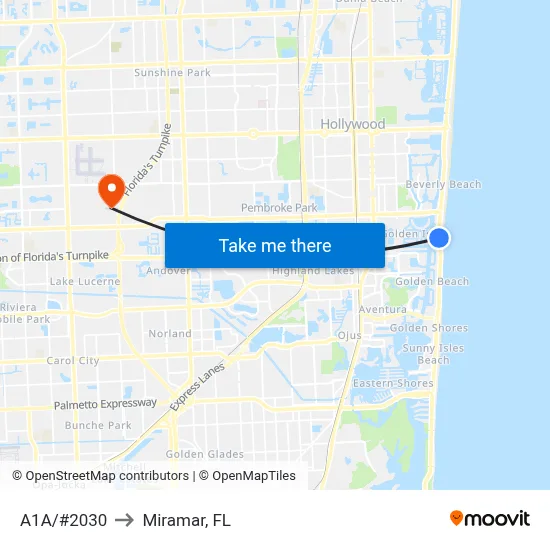 A1A/#2030 to Miramar, FL map