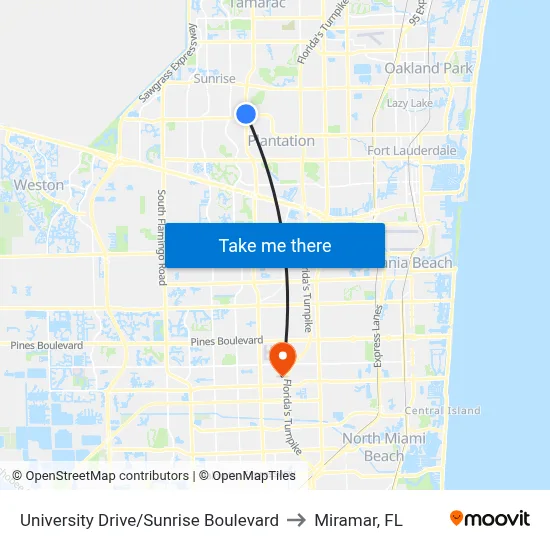 University Drive/Sunrise Boulevard to Miramar, FL map
