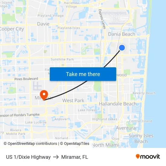 US 1/Dixie Highway to Miramar, FL map