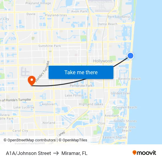 A1A/Johnson Street to Miramar, FL map