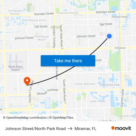 Johnson Street/North Park Road to Miramar, FL map