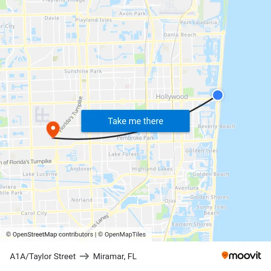 A1A/Taylor Street to Miramar, FL map