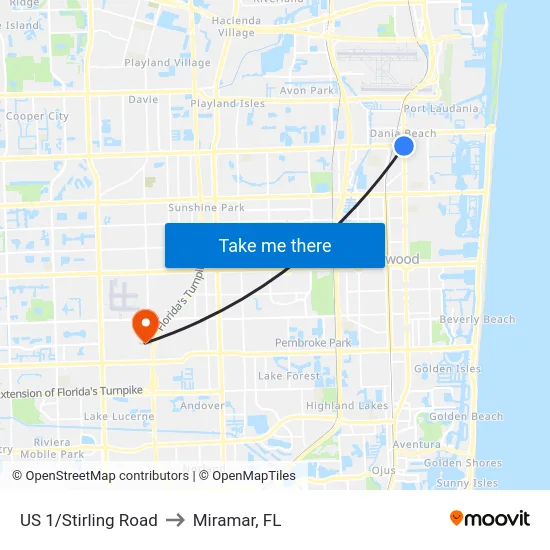 US 1/Stirling Road to Miramar, FL map