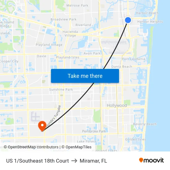 US 1/Southeast 18th Court to Miramar, FL map
