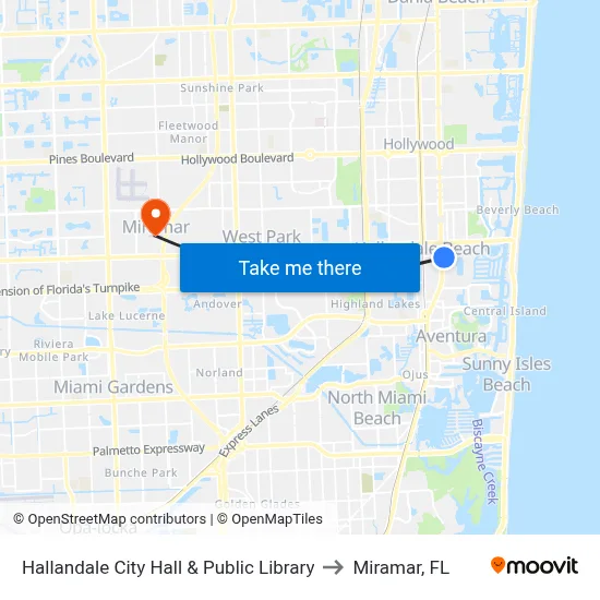Hallandale City Hall & Public Library to Miramar, FL map