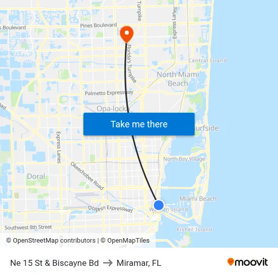 Ne 15 St & Biscayne Bd to Miramar, FL map