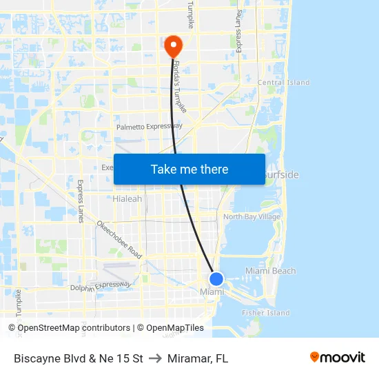 Biscayne Blvd & Ne 15 St to Miramar, FL map