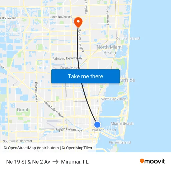 Ne 19 St & Ne 2 Av to Miramar, FL map