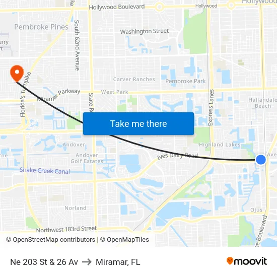 Ne 203 St & 26 Av to Miramar, FL map