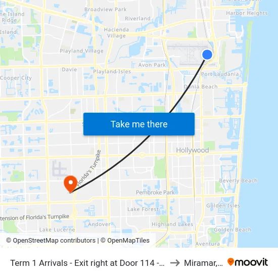 Term 1 Arrivals - Exit right at Door 114 - Zone B to Miramar, FL map
