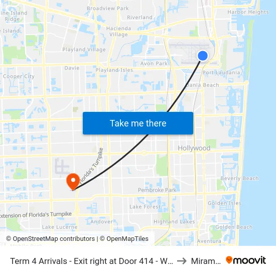Term 4 Arrivals - Exit right at Door 414 - White Awning - Zone B to Miramar, FL map